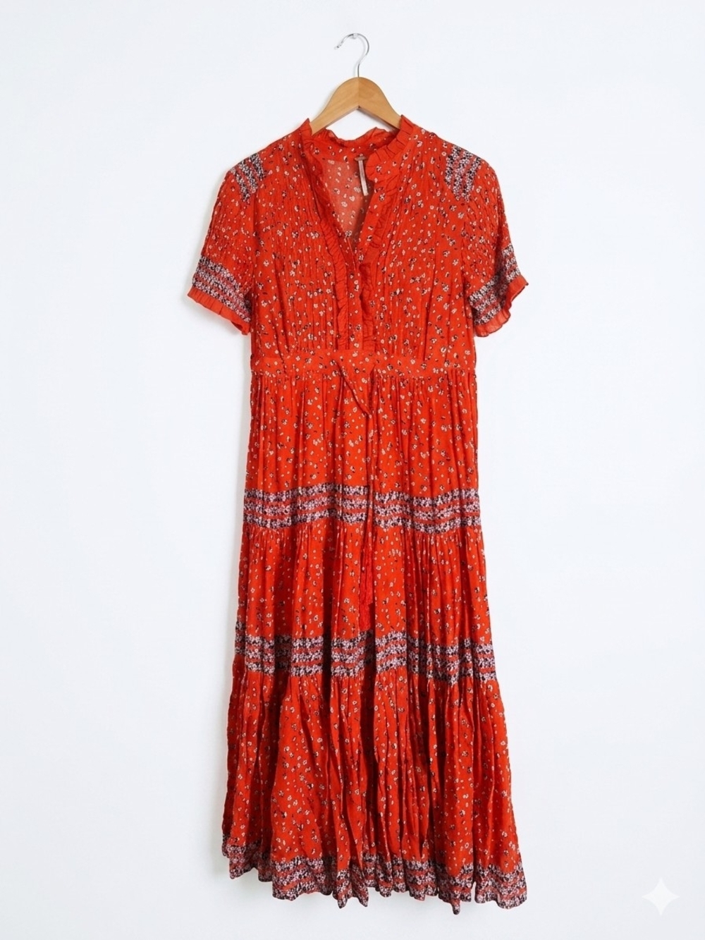 Free People Maxi Orange Pop Floral Tiered Pleated Dress Size XS
